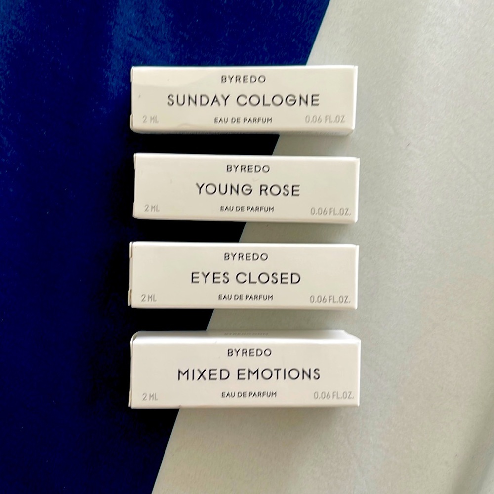 BYREDO SUNDAY COLOGNE, YOUNG ROSE, EYES CLOSED, MIXED EMOTIONS SAMPLES
